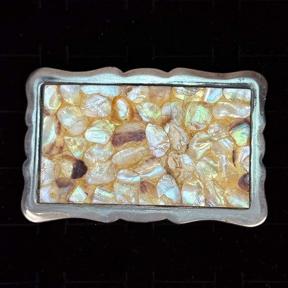Vintage weighted, abalone mother of pearl shell, Silvertone 3”x2” belt buckle main image 7